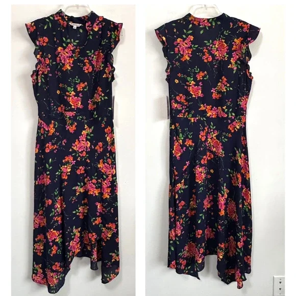 Nanette Lepore Floral Chiffon Dress Size 10 Ruffle Sleeveless Summer Navy NEW - Picture 1 of 8